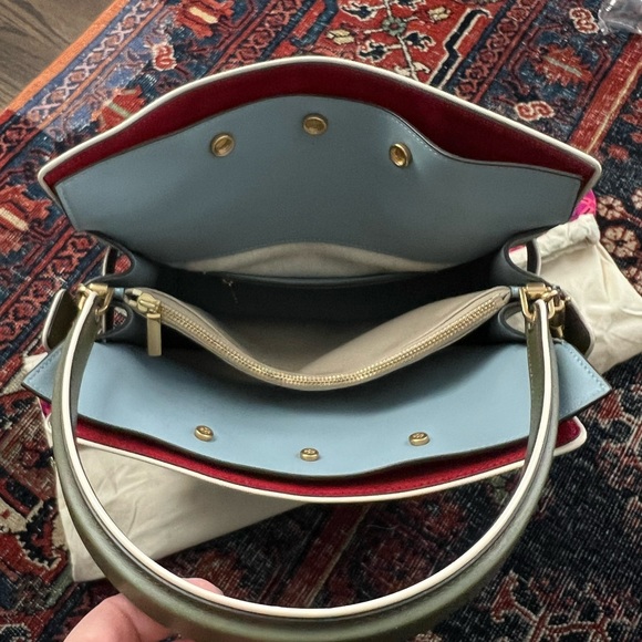 Lee Radziwill for Tory Burch Double Bag in olive green leather w white piping - Picture 3 of 4